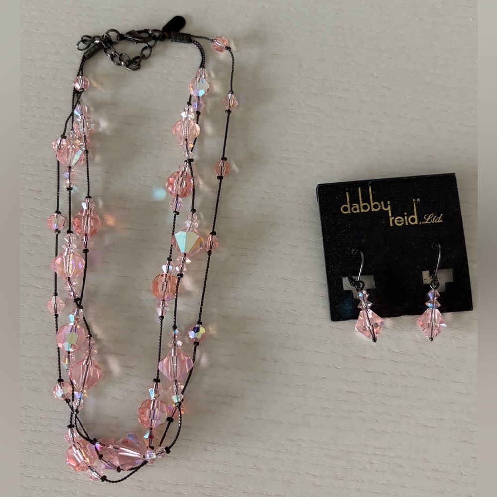 dabby reid Pink Crystal Multi-Strand Necklace with Matching Earrings